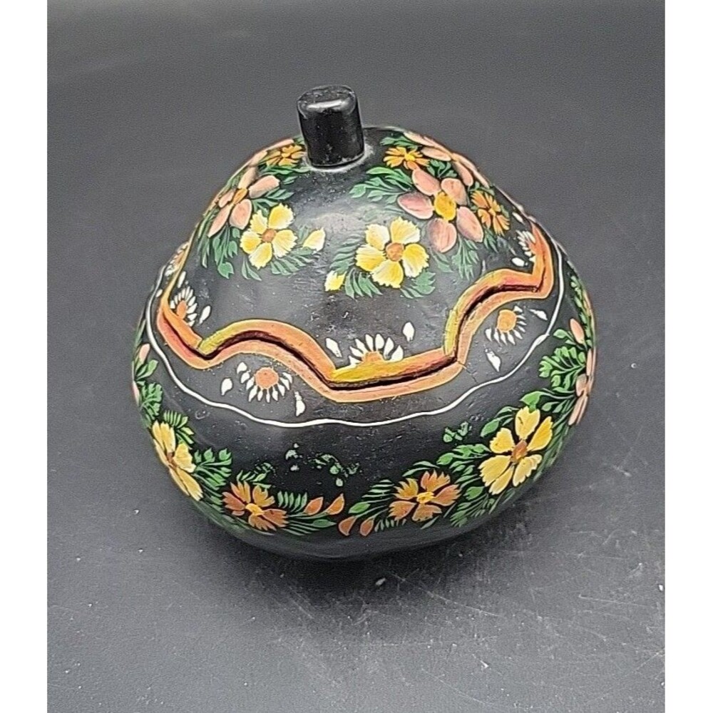 Antique Vintage Hand Painted Lidded Gourd Black Orange White Floral Flower Daisy